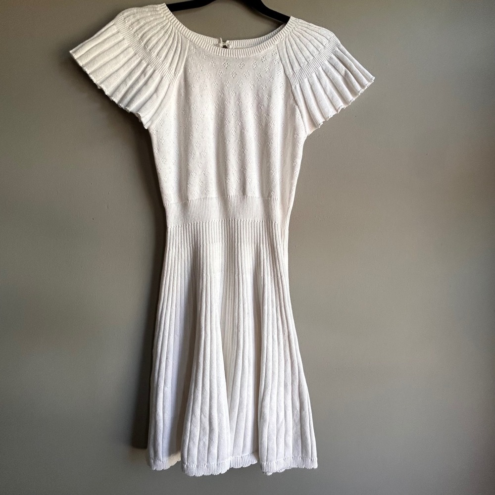 Hope & Henry Girls White Organic Cotton Pointelle Knit Flutter Sleeve Dress 10